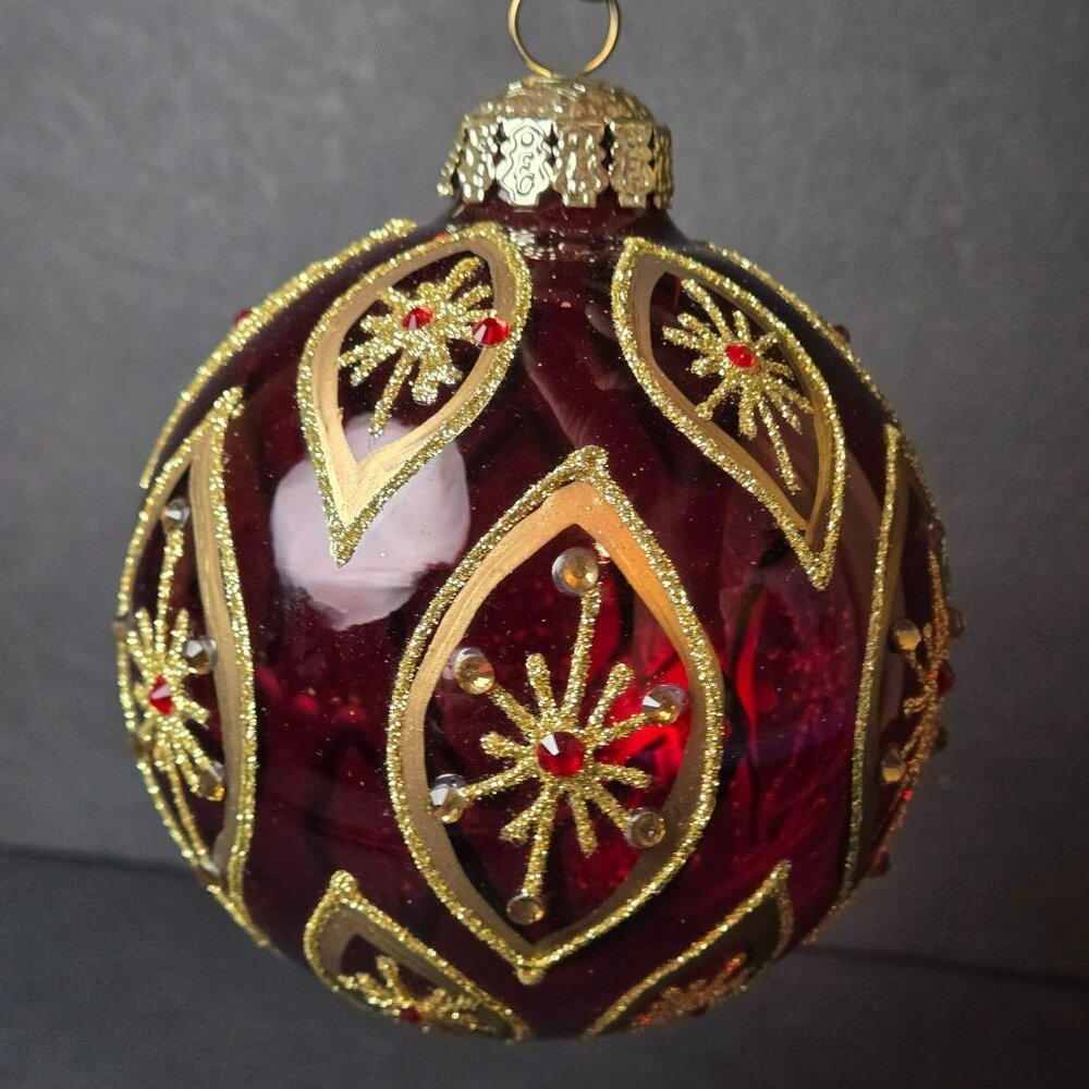 Frontgate Burgundy Gold Glass Ornament Jeweled Starburst Design Large 4"